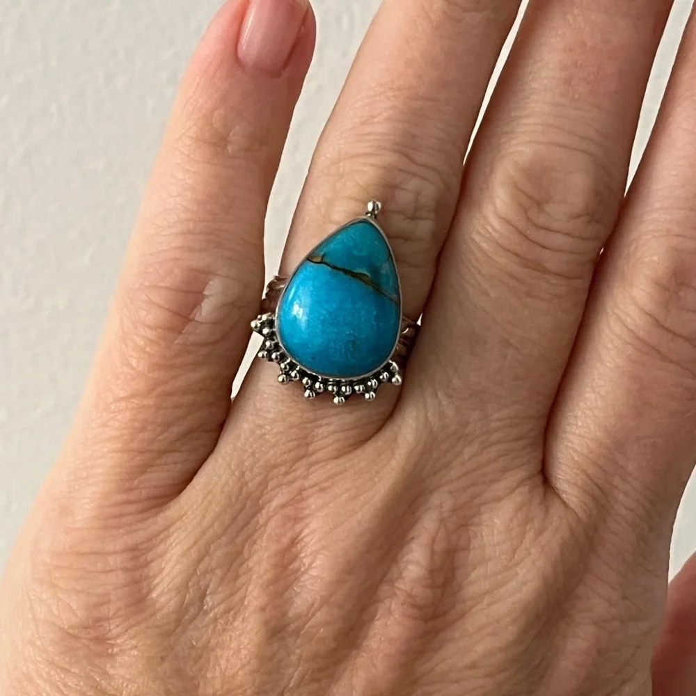 New 925 Solid Sterling Silver Turquoise and Pyrite Gemstone Ring Size 6.5